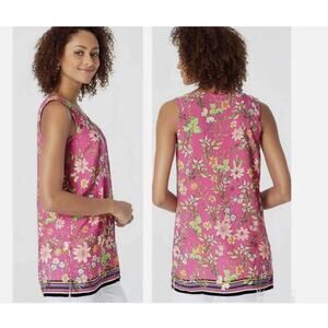 J Jill Button Down Sleeveless Tunic Blouse Womens Large Pink Floral Ladybugs